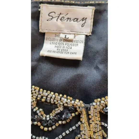 Vintage Stenay Black & Gold Silk Beaded Blazer Jacket | Women's Size Large Glam - Picture 7 of 9